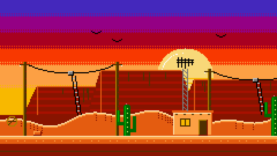 A sunset desert with mesas, cacti, a small adobe shack, and wire dipole antennas strung between poles.