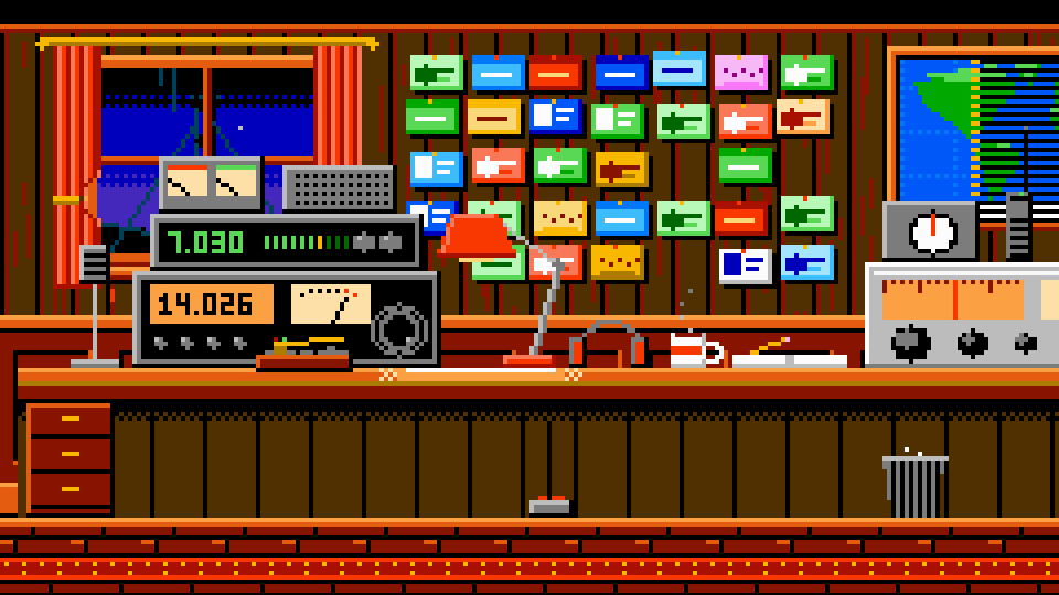 A pixel-art ham radio shack: two transceivers showing 7.030 and 14.026, a desk lamp, a straight key, a coffee mug, and a wall covered in colorful QSL cards.