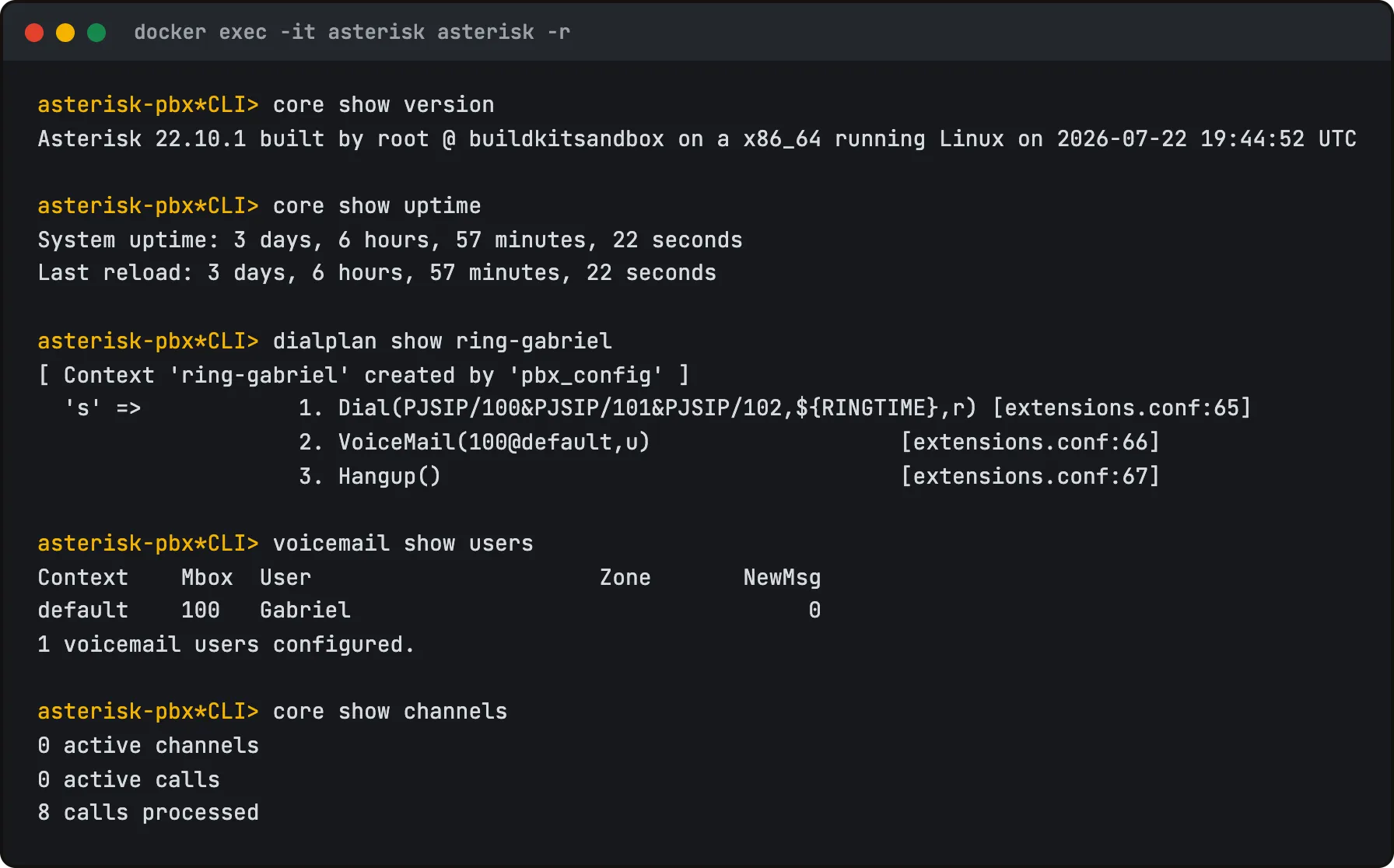 Asterisk CLI showing version 22.10.1, three days of uptime, the ring group, one voicemail box and eight calls processed