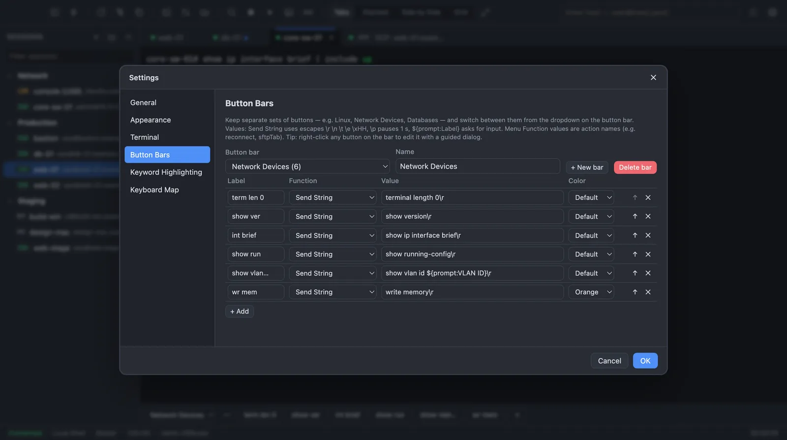 Button bars for network devices